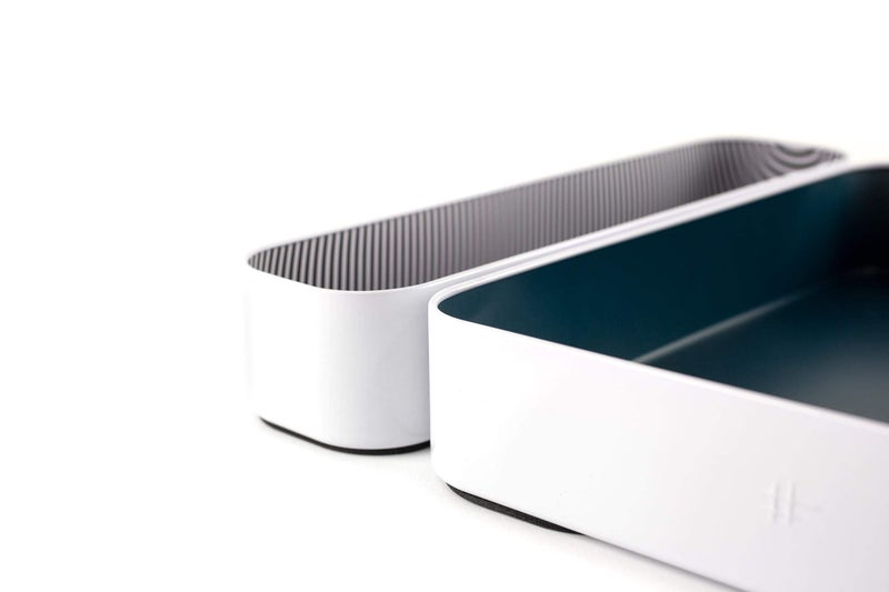 Three by Three Seattle 4 Piece Shallow Metal Organizer Tray Set for Storing Makeup, Stationery, Utensils, and More in Office, Kitchen and Bathroom Drawers (2 Inch, Berry, Sunset, Sky Blue, Stripes) - Image 3